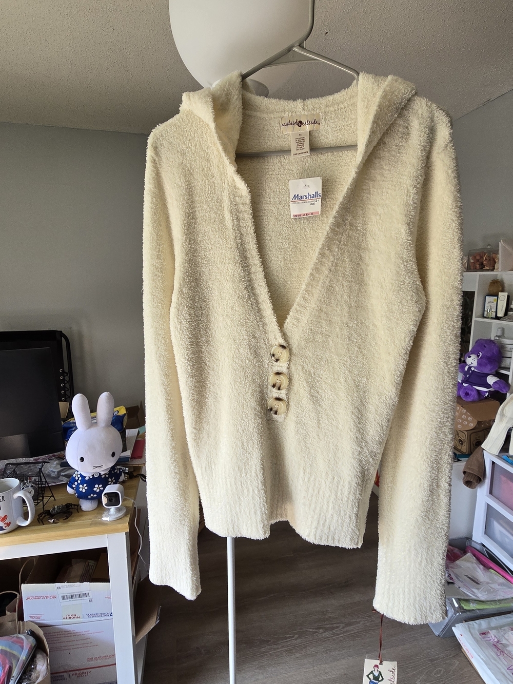 Eastside Westside Brand Cream Hooded Button-Front V-Neck Sweater